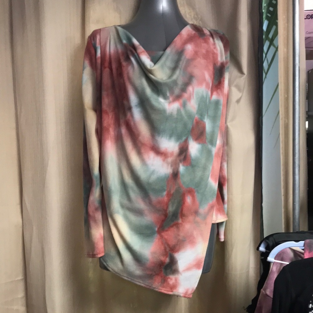 Tie dye waffle cowl neck top